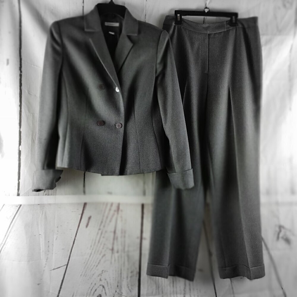 DressBarn Sz 8 Double Breasted Gray Herringbone Metallic 2pc Pant Suit 30x29